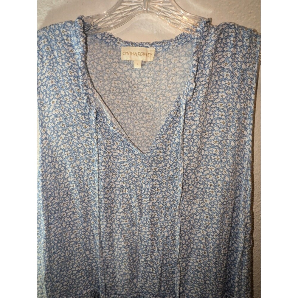 Cynthia‎ Rowley Womens Boho Tunic Blouse Sz L Blue White Floral  Sleeveless